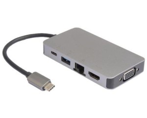 E-GREEN Adapter Type-C na HDMI + VGA + 2xUSB 3.0 + RJ45 + Type-C/ bela