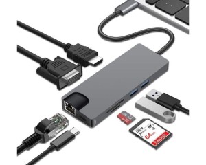 E-GREEN Adapter USB 3.1 Type-C na HDMI+VGA+2X 3.0 USB + Type-C + SD + RJ45