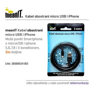 MEANIT USB kabl sa micro USB i iPhone priključkom/ 3m - MICROUSB / iPHONE