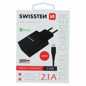 SWISSTEN Punjač 2x USB 2/1A+ kabl Type C 1/2m/ crna