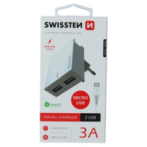 SWISSTEN Punjač 2x USB 3A+ kabl micro USB 1/2m/ bela
