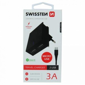 SWISSTEN Punjač 2x USB 3A+ kabl micro USB 1/2m/ crna