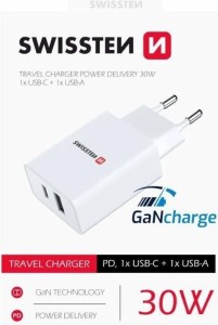 SWISSTEN Punjač 1xUSB+ 1X USB C GaN charge 30W/ bela