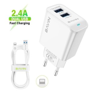 BAVIN Punjač 2.4A 2xUSB-A + kabl type-A na lightning/ bela