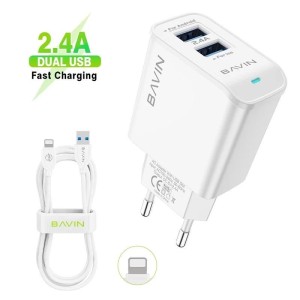 BAVIN Punjač 2xUSB-A 2/4A +kabl lightning/ bela