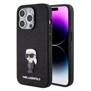 LICENSED KARL LAGERFELD maska za iPhone 15 Pro IKONIK FIXED GLITTER IKONIK LOGO METAL PIN/ crna