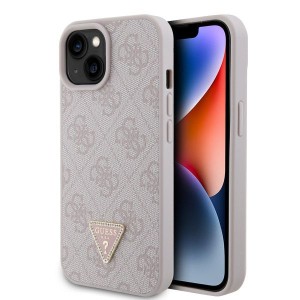 LICENSED GUESS GUESS maska za iPhone 15 LEATHER 4G TRIANGLE STRASS/ roza