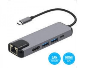 FAST ASIA Adapter-konvertor TIP-C na HDMI + 2xUSB 3.0 + TIP C + RJ45